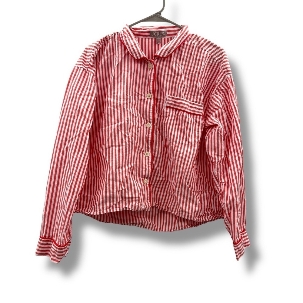 J.Crew Cropped Pajama Shirt‎ Women's Large Red White Striped Lounge